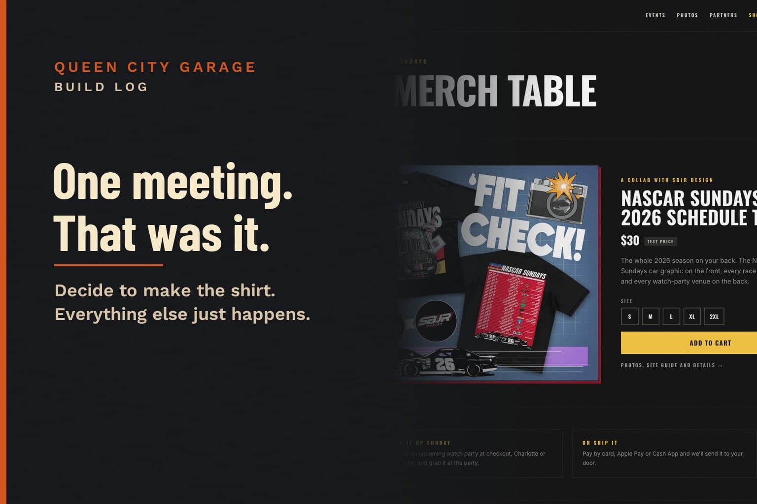Card: One meeting. That was it. Over the NASCAR Sundays merch shop page.