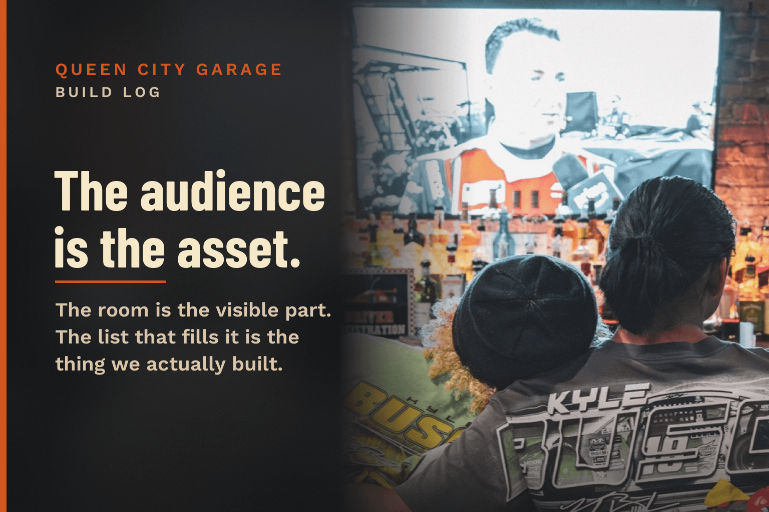 Two fans in vintage NASCAR shirts, seen from behind, watch the race on a bar screen at a NASCAR Sundays watch party, on a dark charcoal card. Text: Queen City Garage, Build Log. The audience is the asset. The room is the visible part. The list that fills it is the thing we actually built.